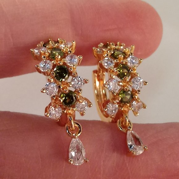 18K Yellow Gold Filled Olive Green Diamond Zircon Hoop Dangle Earrings - Picture 5 of 7